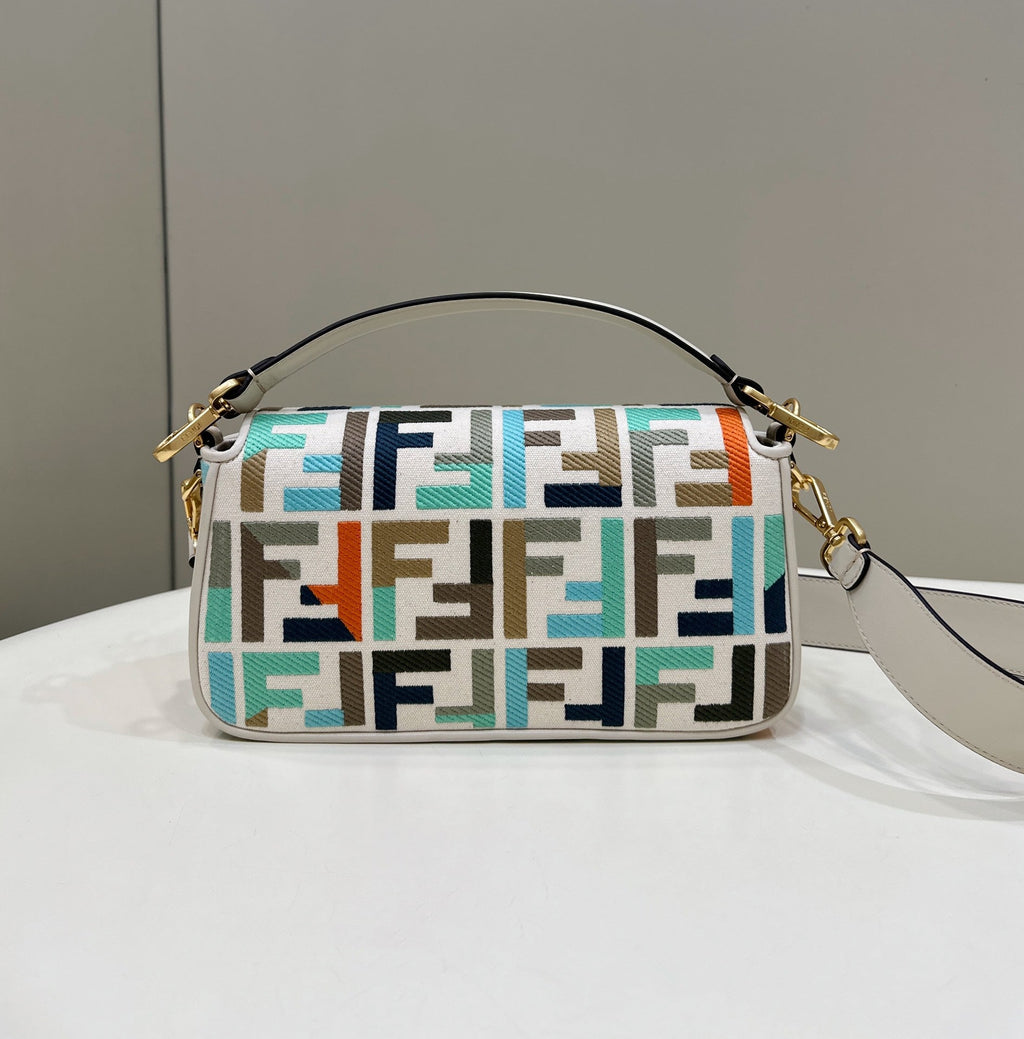 BAGUETTE CANVAS 27 BAG WHITE STRAP WITH MULTICOLOUR EMBROIDERY GOLD HARDWARE