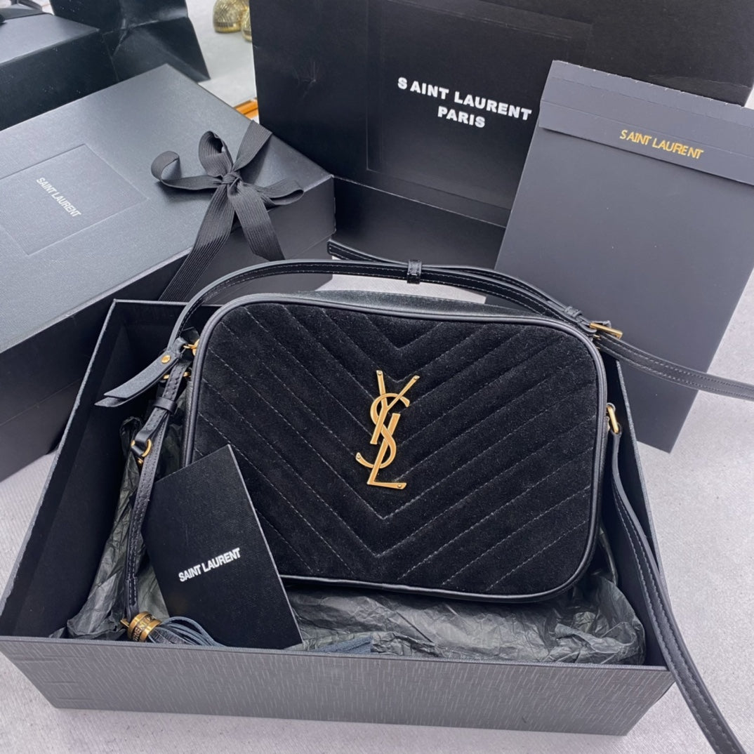 LOU CAMERA BAG 23 IN BLACK SUEDE AND CALFSKIN TRIM