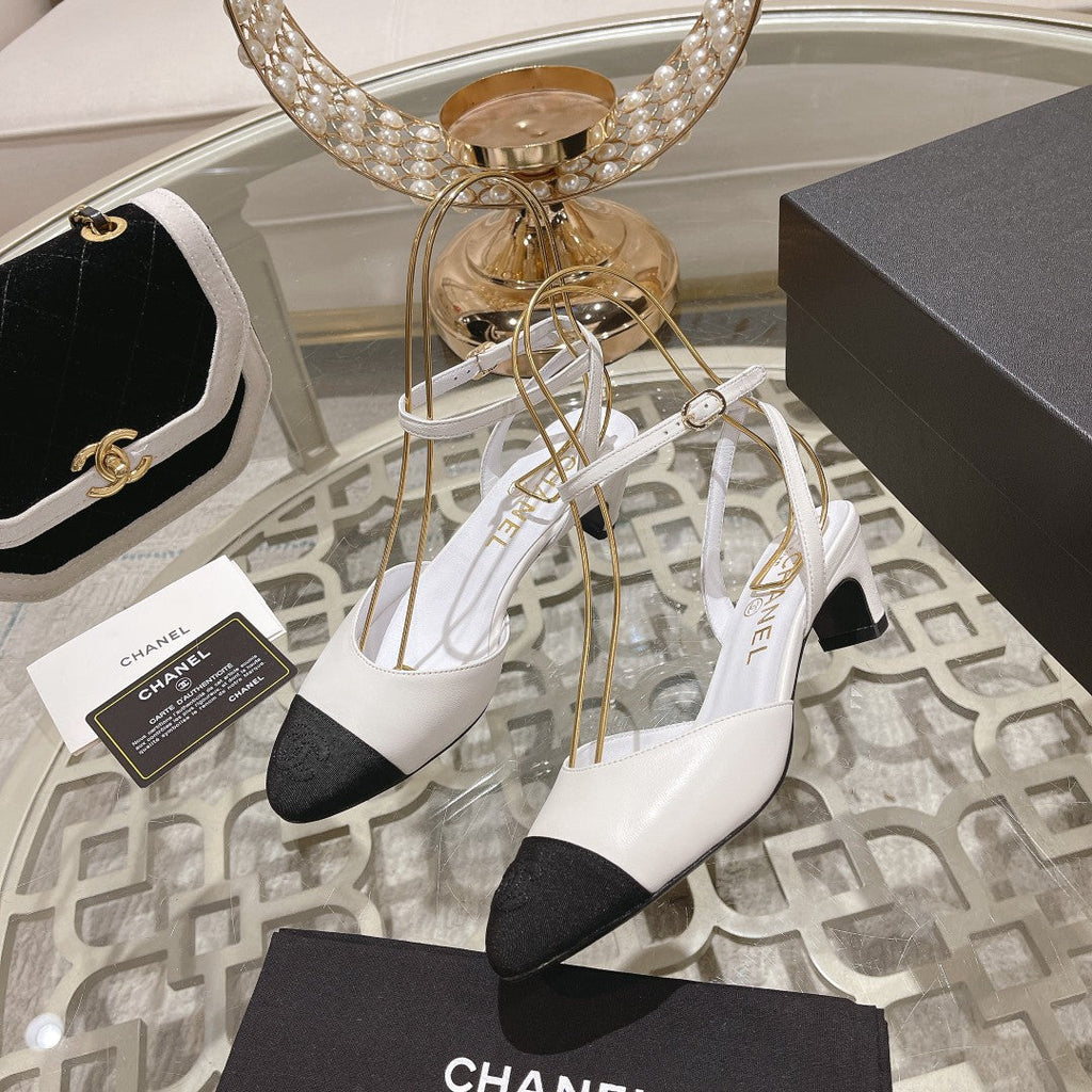 CHANEL high slingbacks white black lambskin grosgrain