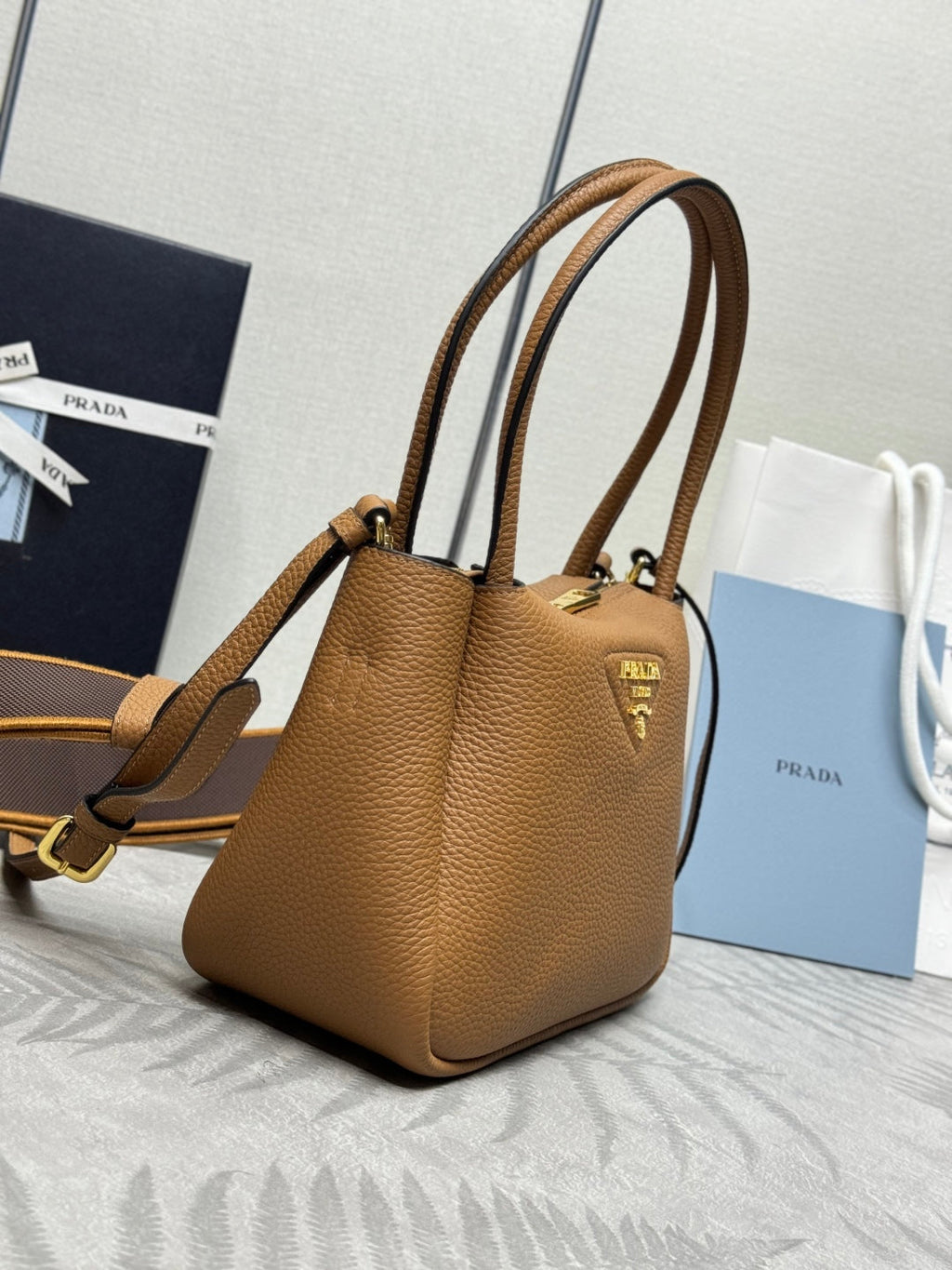 PRADA 25S SMALL BAG 23 IN CARAMEL CALFSKIN GOLD HARDWARE