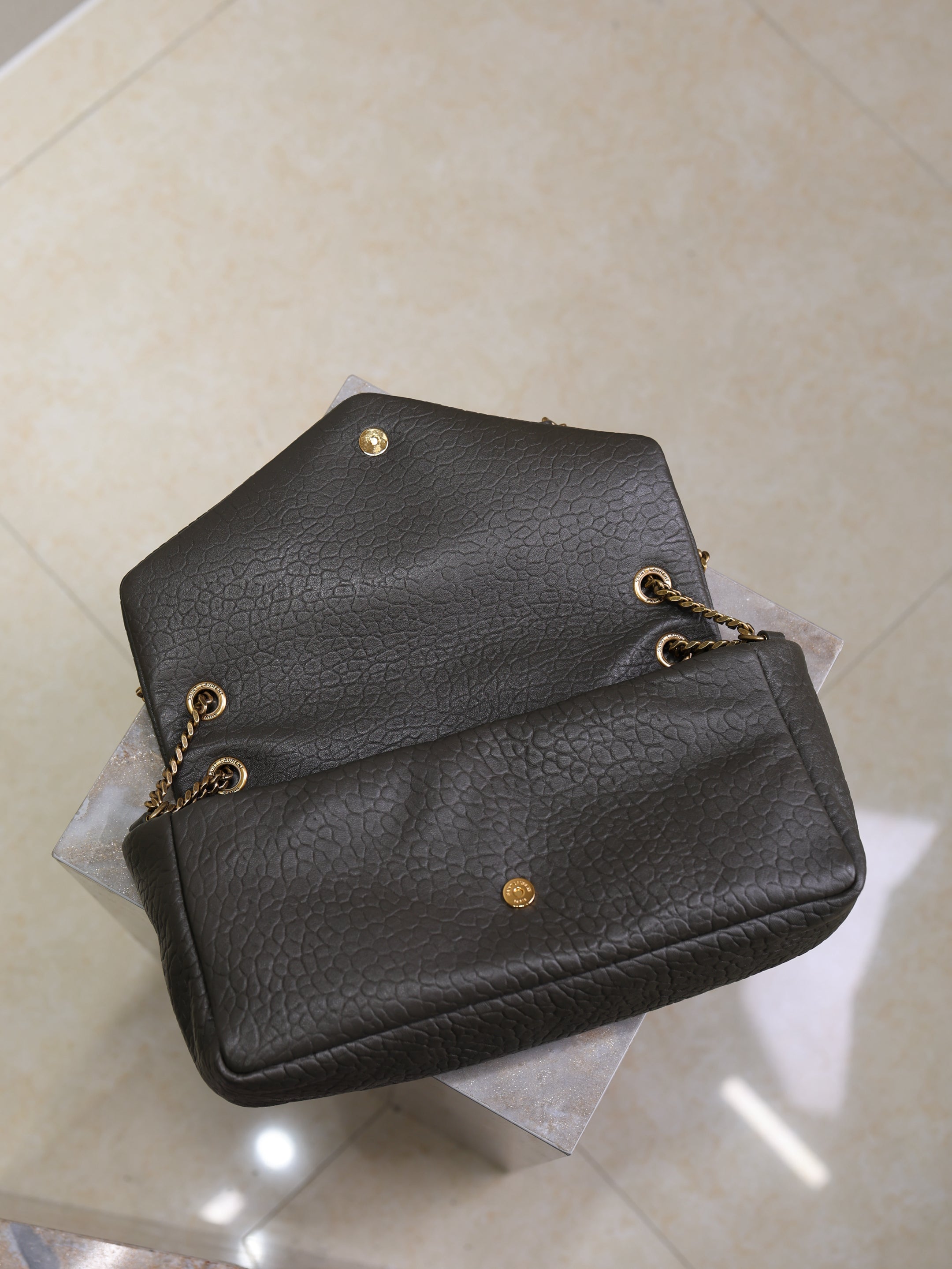 YSL 25S CALYPSO 30 IN DARK OLIVE GRAINED CALFSKIN GOLD HARDWARE