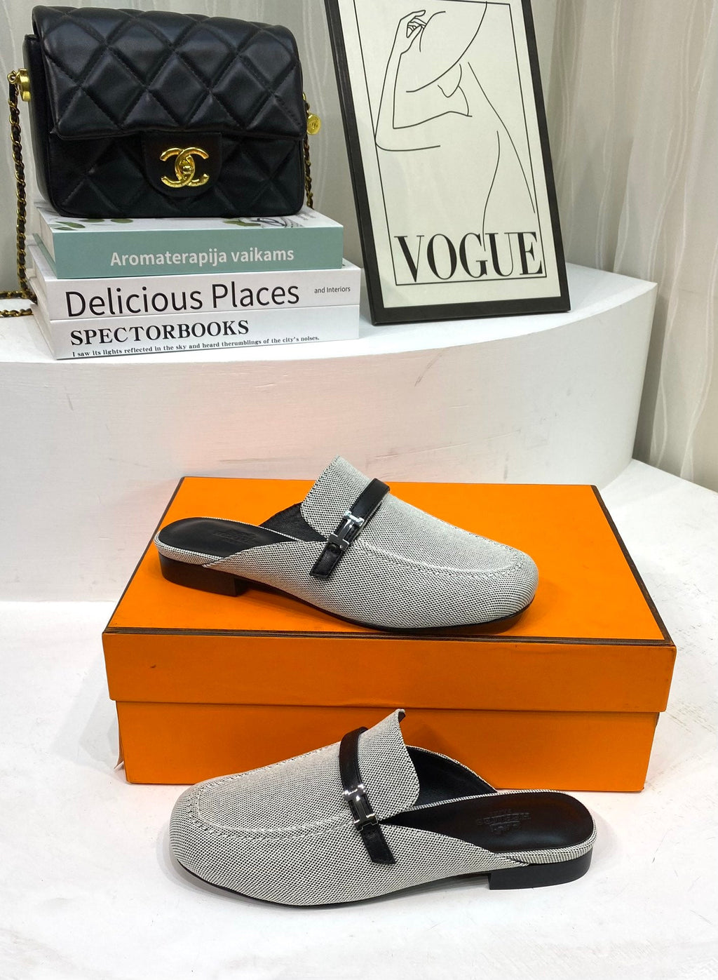 HERMES IENA MULE  GRAY CANVAS AND BLACK CALFSKIN