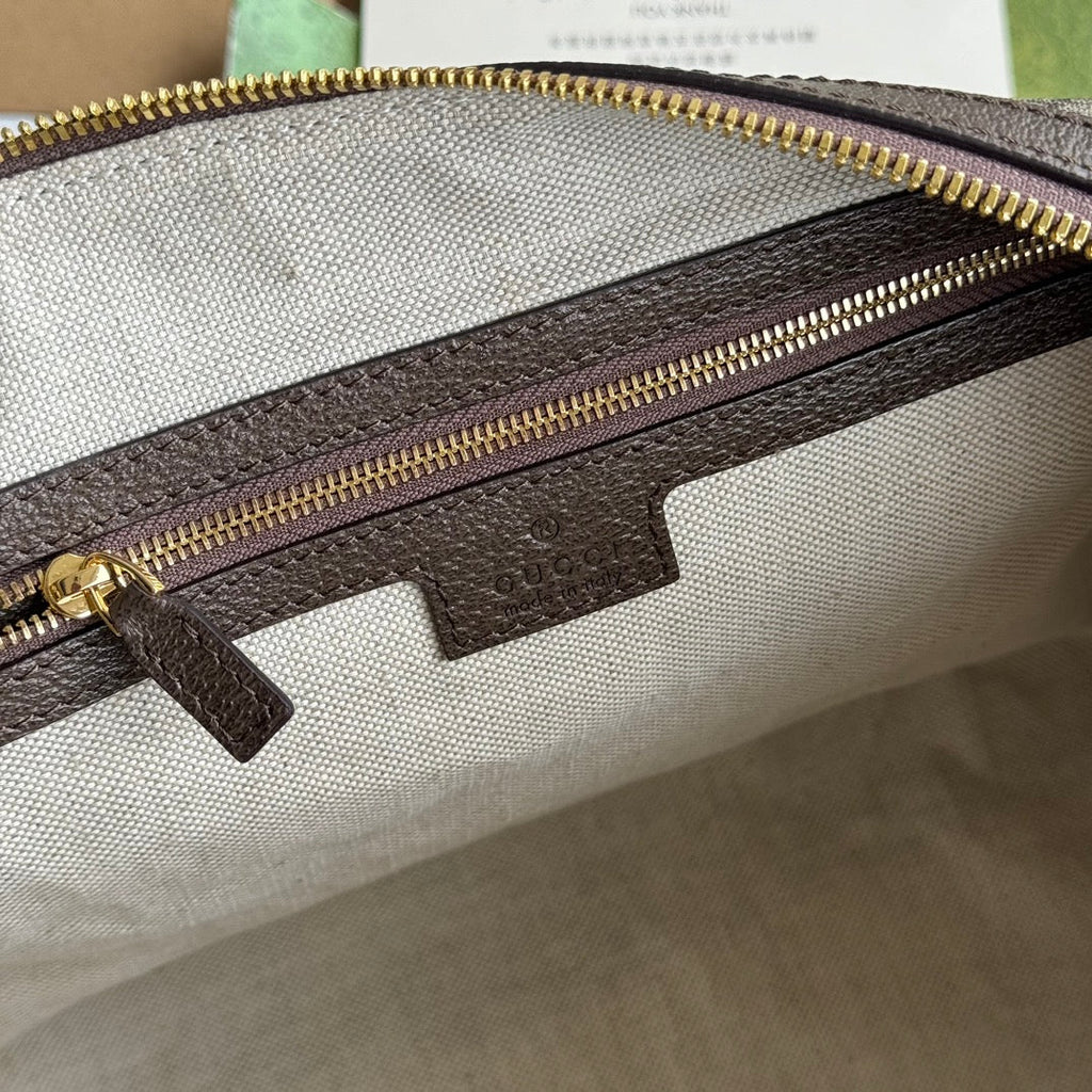 GUCCI OPHIDIA LARGE BOSTON BAG 31 IN BEIGE EBONY  BROWN CALFSKIN TRIM