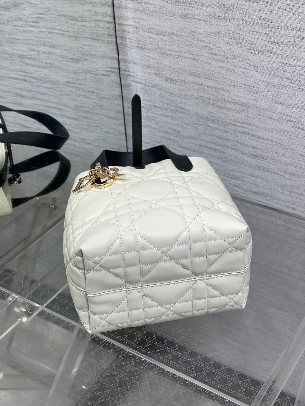 DIOR 25S TOUJOURS VERTICAL NANO TOTE BAG 18 IN IVORY BLACK MACROCANNAGE CALFSKIN