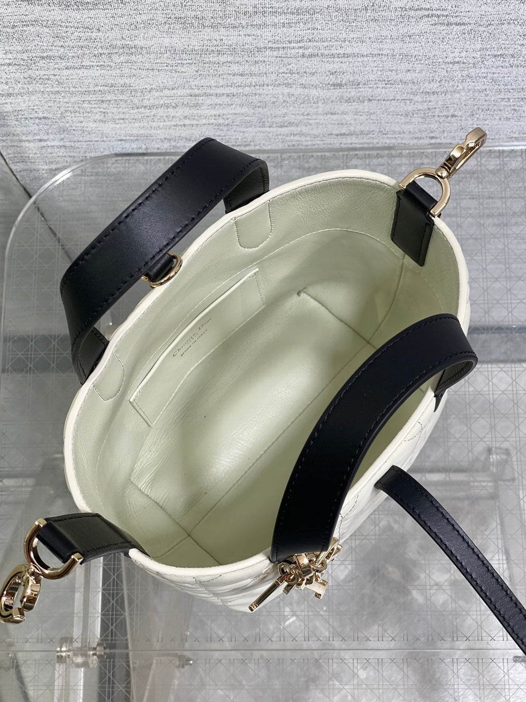 DIOR 25S TOUJOURS VERTICAL NANO TOTE BAG 18 IN IVORY BLACK MACROCANNAGE CALFSKIN