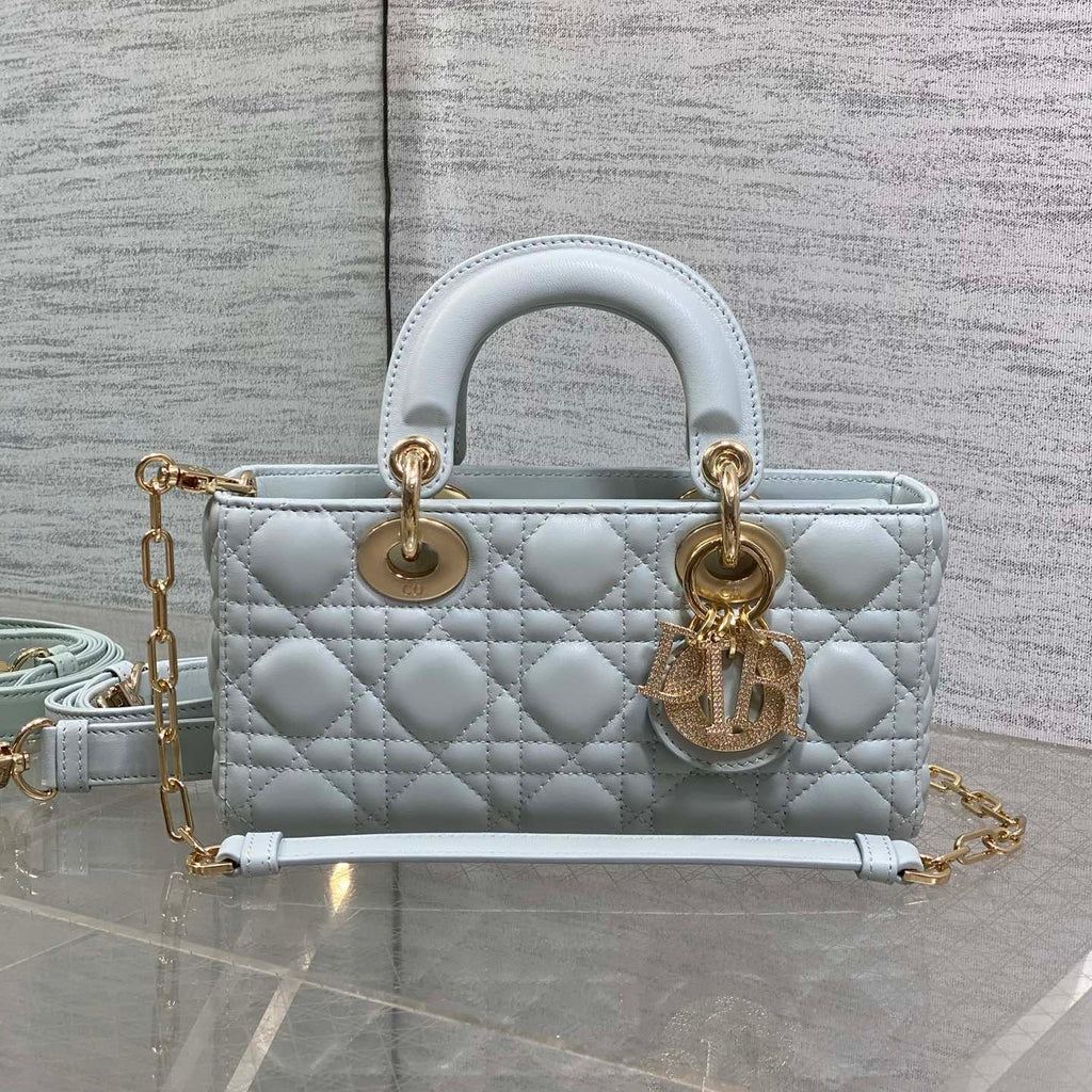 DIOR 25S SMALL LADY D‑JOY BAG 22 IN SHIRT BLUE CALFSKIN GOLD HARDWARE