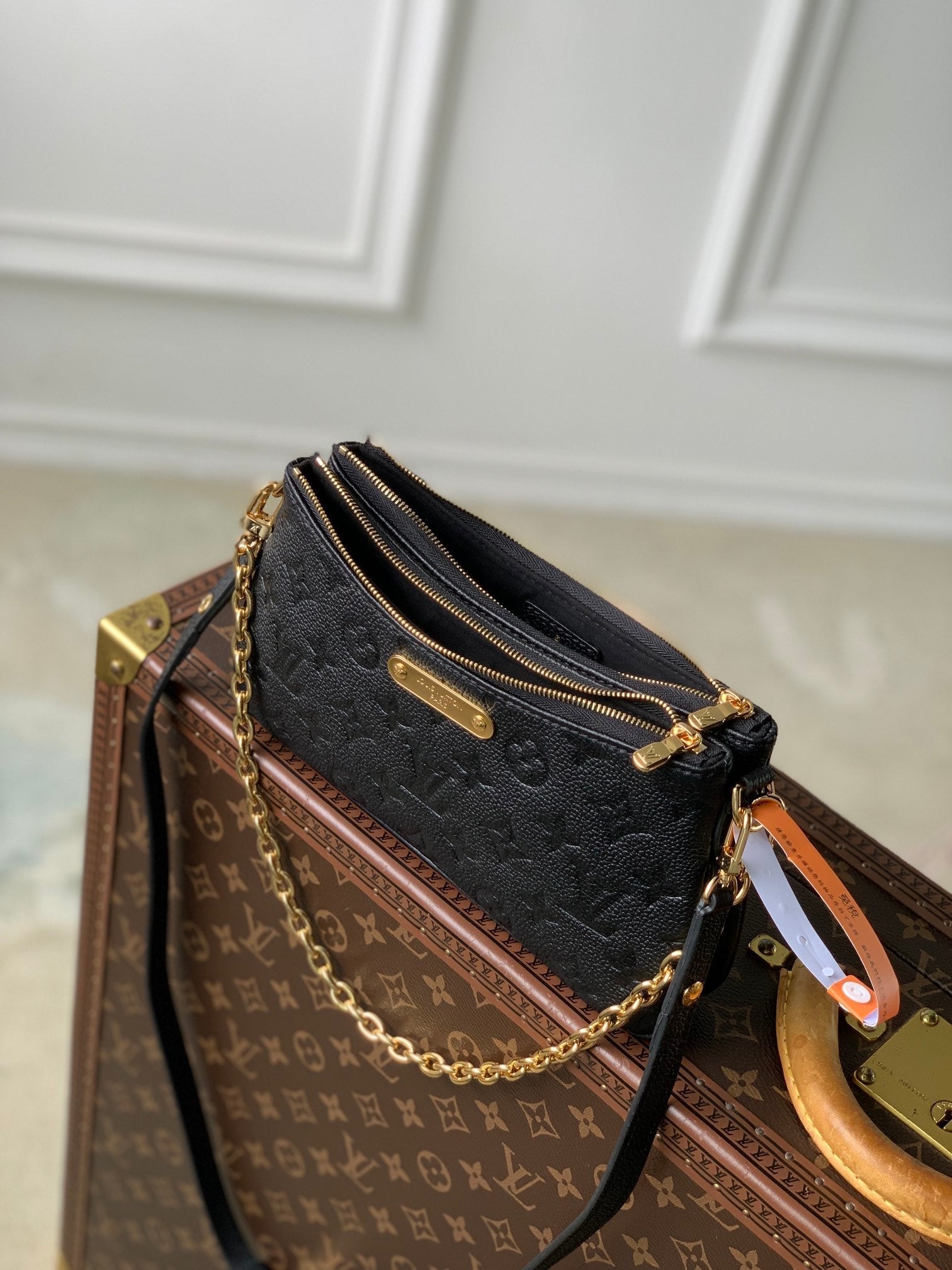 LOUIS VUITTON LIV POCHETTE BAG 24 IN BLACK MONOGRAM EMPREINTE LEATHER