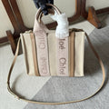 SMALL WOODY TOTE BAG 26.5 IN BEIGE LINEN CANVAS LIGHT PINK WEBBING LOGO EMBROIDERY
