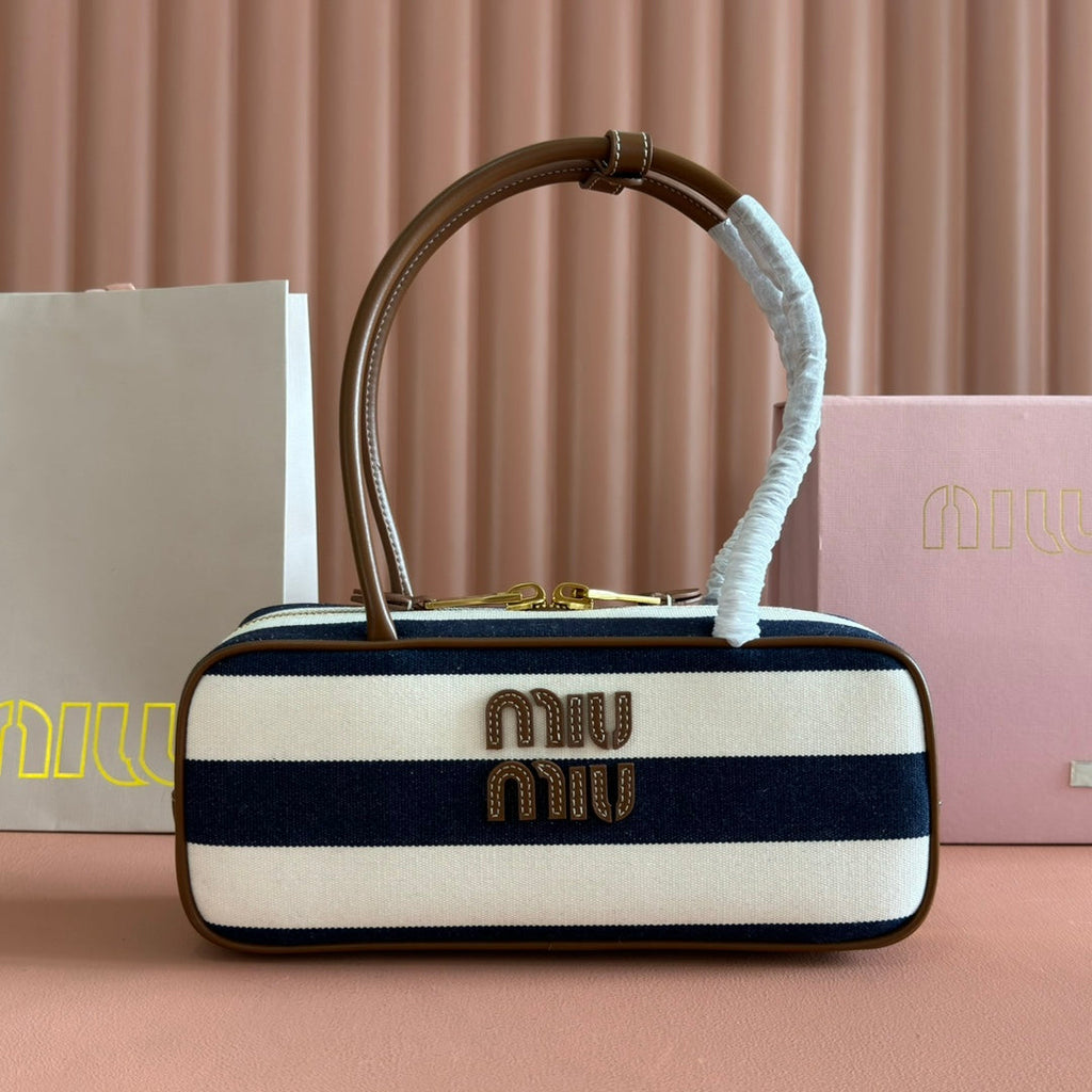 BEAU BAG 28 BLUE AND BEIGE STRIPES IN CANVAS AND CALFSKIN
