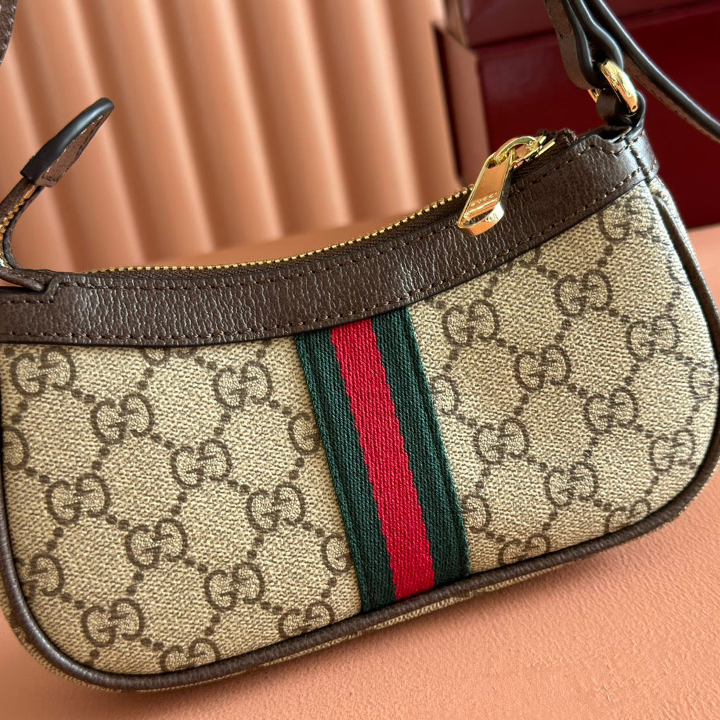 GUCCI 25S OPHIDIA SMALL SHOULDER BAG 19 IN BEIGE CANVAS AND BROWN CALFSKIN