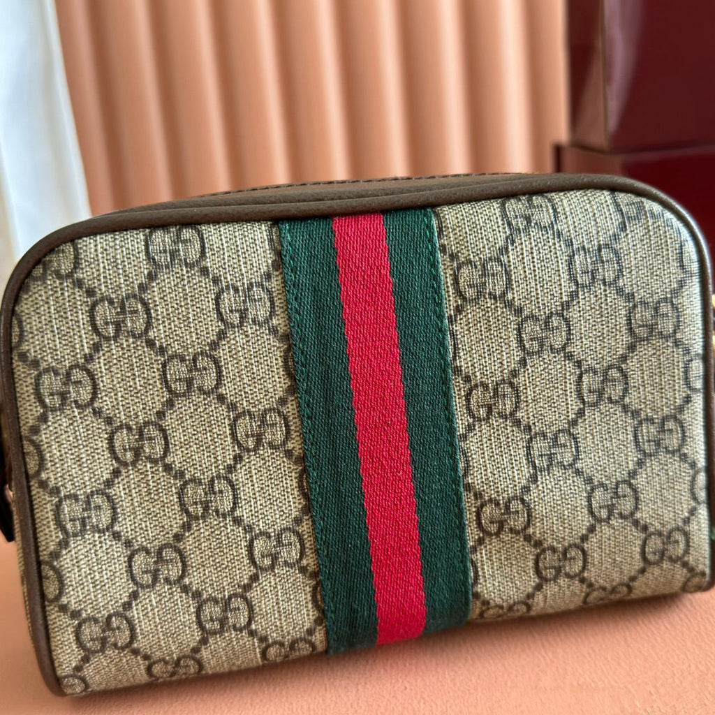 GUCCI 25S DESIGNER HANDBAG 18 IN BEIGE CANVAS AND BROWN CALFSKIN