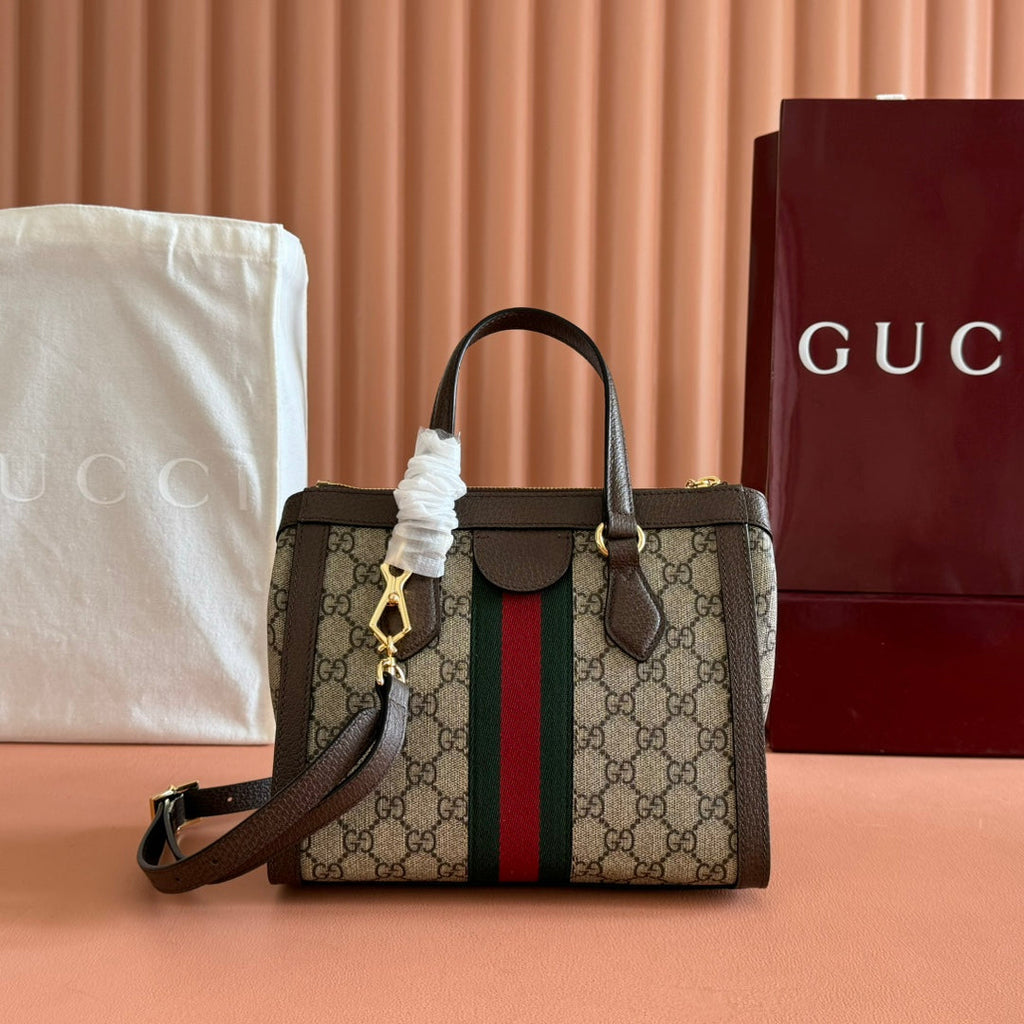 GUCCI 26S OPHIDIA HANDBAG 25 IN BROWN AND DARK BEIGE CALFSKIN