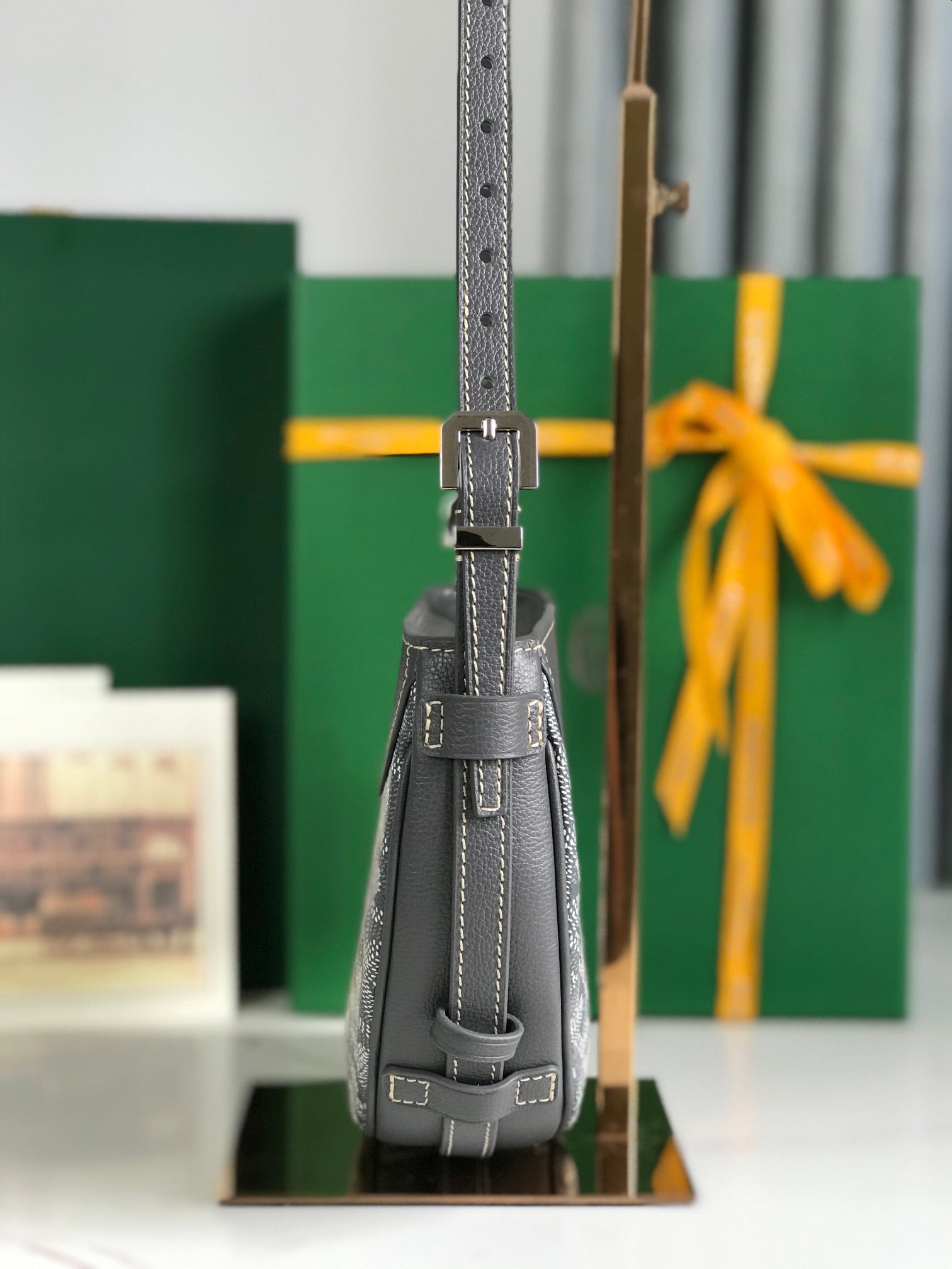 HIRONDELLE BAG 25 IN GRAY LAMBSKIN AND GOYARDINE CANVAS